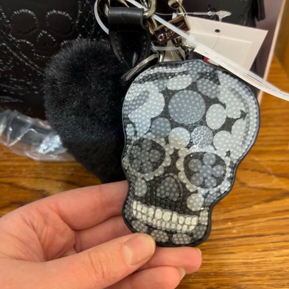 Betsey Johnson Black Skull Embossed Satchel Crossbody with Skull & Heart Charm - Picture 13 of 13